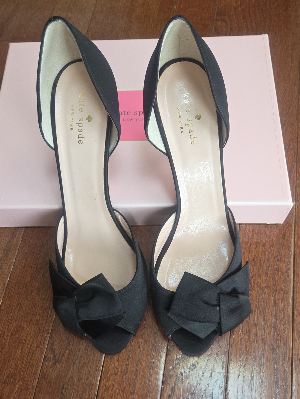 kate spade Black Satin D'Orsay Bow Peep Toe Heels